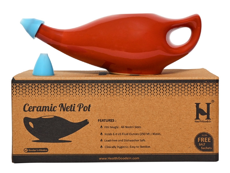 Ceramic Neti Pot with 2 Silicone Nozzle and Salt for Sinus 225 Ml Red