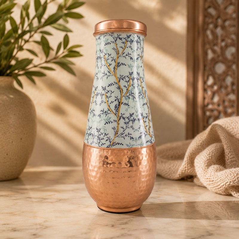 Copper Carafe Made of Pure Copper for Ayurveda Health Benefits Long Neck Capacity 1.8 Liter Printed