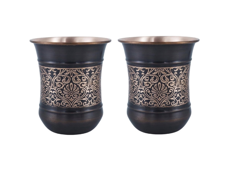 Copper Tumbler Set of 2 Floral Pattern 250 Ml Capacity Curved
