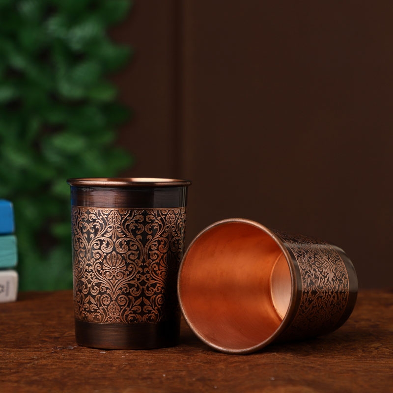 Copper Tumbler Set of 2 Floral Pattern 250 Ml Capacity Straight