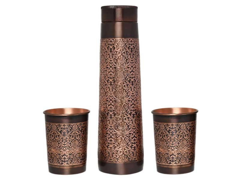Copper Water Bottle with 2 Matching Tumbler Set Elegant Etching Pattern