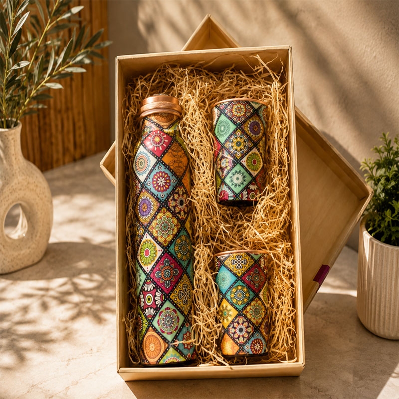 Copper Water Bottle with 2 Matching Tumbler Set Mandala Design
