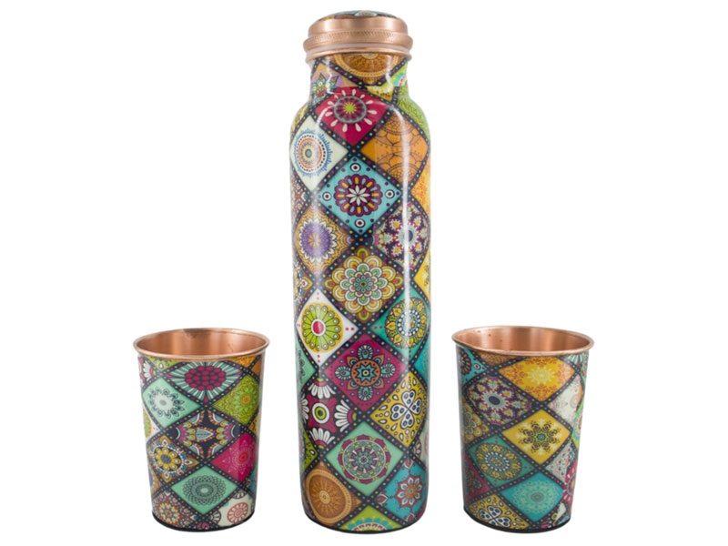 Copper Water Bottle with 2 Matching Tumbler - Mandala Design