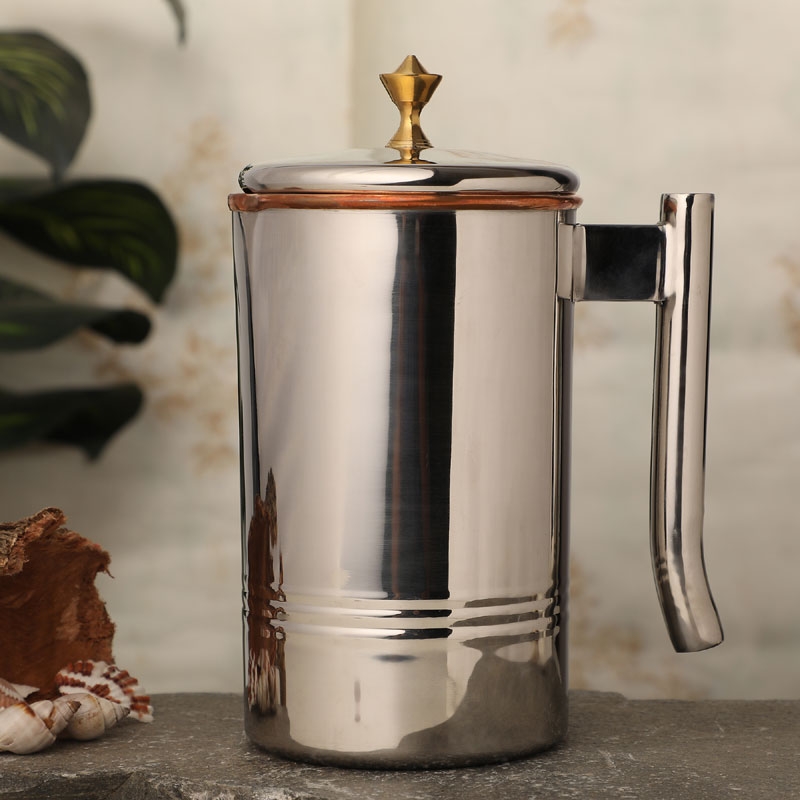 Copper and Stainless Steel Jug Outer Stainless Steel and Inner Copper Jug 1.5 Liter Brass Knob