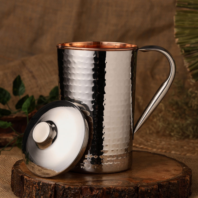Copper and Stainless Steel Jug Outer Stainless Steel and Inner Copper Jug Hammered Pattern