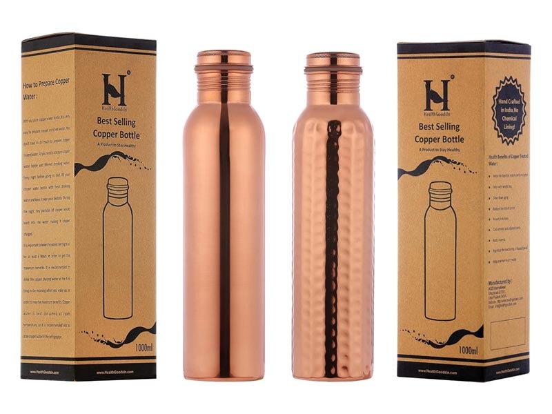 Plain & Hammered Copper Water Bottle 1000ml | Pure Copper