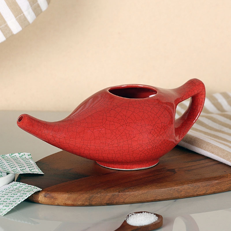Premium Handcrafted Durable Ceramic Neti Pot Nasal Cleansing Dishwasher Safe with 2 Silicone Nozzle Tip Holds 225 Ml Crackle Pattern Red
