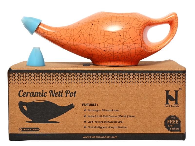 Premium Handcrafted Durable Ceramic Neti Pot Nose Cleaner for Sinus Dishwasher Safe 225 Ml Capacity  Crackle Pattern Orange