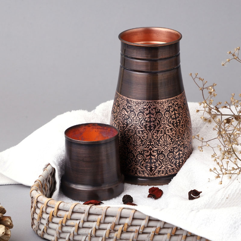 Pure Copper Bedside Carafe Capacity 1 Liter Floral Pattern