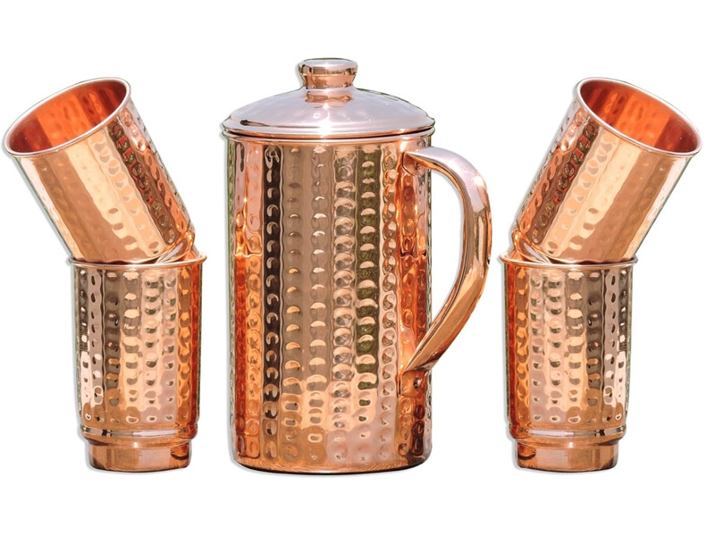Pure Copper Hammered Pitcher with 4 Copper Tumblers 1.5 Liters