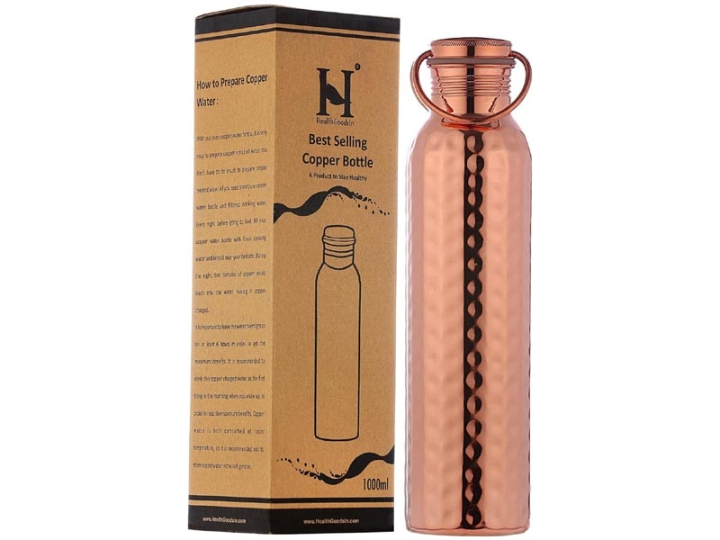 Pure Copper Hammered Water Bottle 1000ml with Handle