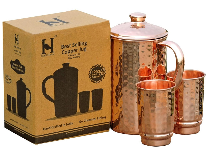 Pure Copper Hammered Water Jug with 2 Hammered Copper Tumblers 1.5 Liters