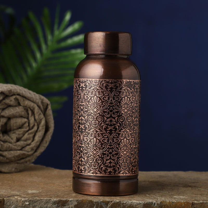 Pure Copper Water Bottle Beautiful Floral Pattern 600 Ml Capacity