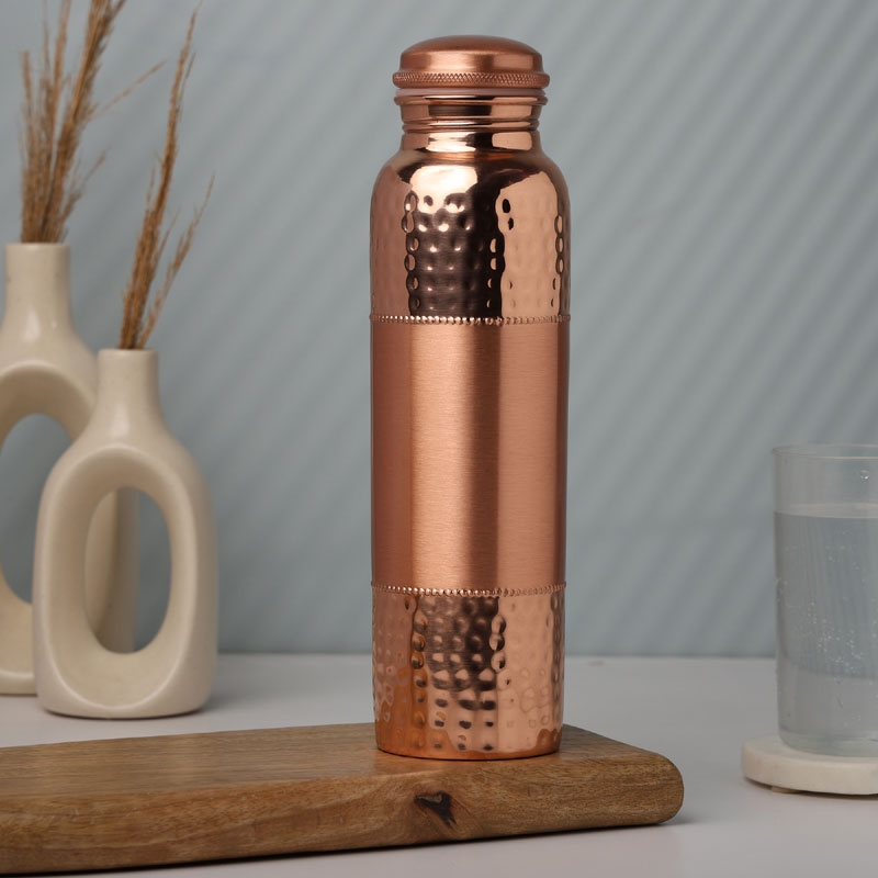 Pure Copper Water Bottle for 1000 Ml Hammered and Plain Pattern