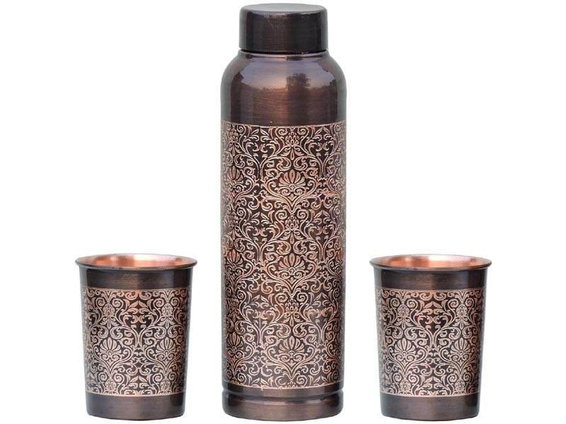 Pure Copper Water Bottle Set with 2 Tumblers Floral