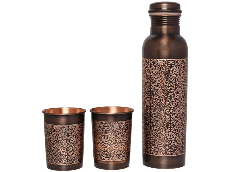 Pure Copper Water Bottle Set with 2 Tumblers Floral