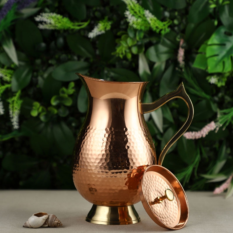 Pure Copper Water Hammered Jug with Lid and Brass Handle 1 Liter Capacity Traditional Style