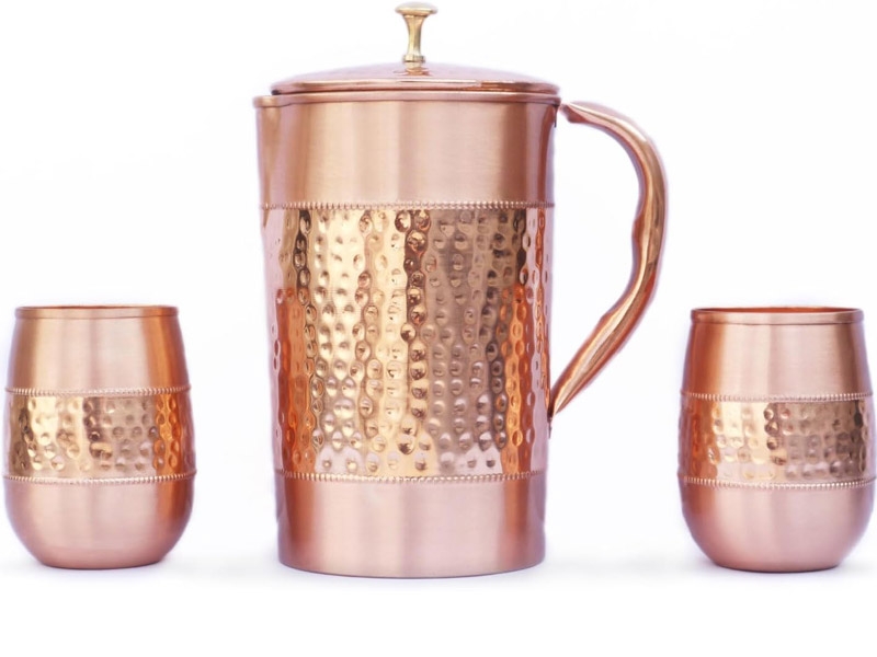 Pure Copper Water Jug with 2 Copper Barrel Glass Hammered and Plain Pattern 1.5 Liters
