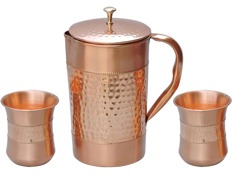 Pure Copper Water Jug with 2 Copper Curved Glass Hammered and Plain Pattern 1.5 Liters