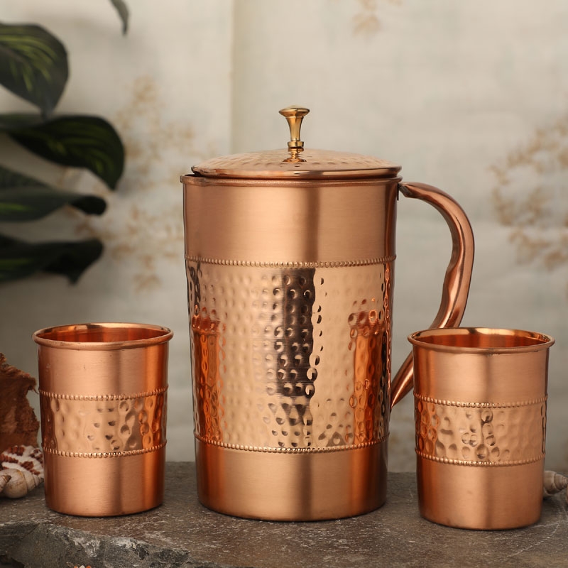 Pure Copper Water Jug with 2 Copper Tumblers Hammered and Plain Pattern With Straight Glass