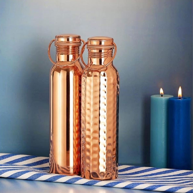 Set of 2 Copper Water Bottle with Handle Plain and Hammered 600 Ml Capacity