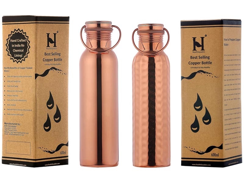Set of 2 Copper Water Bottle with Handle Plain and Hammered 600 Ml