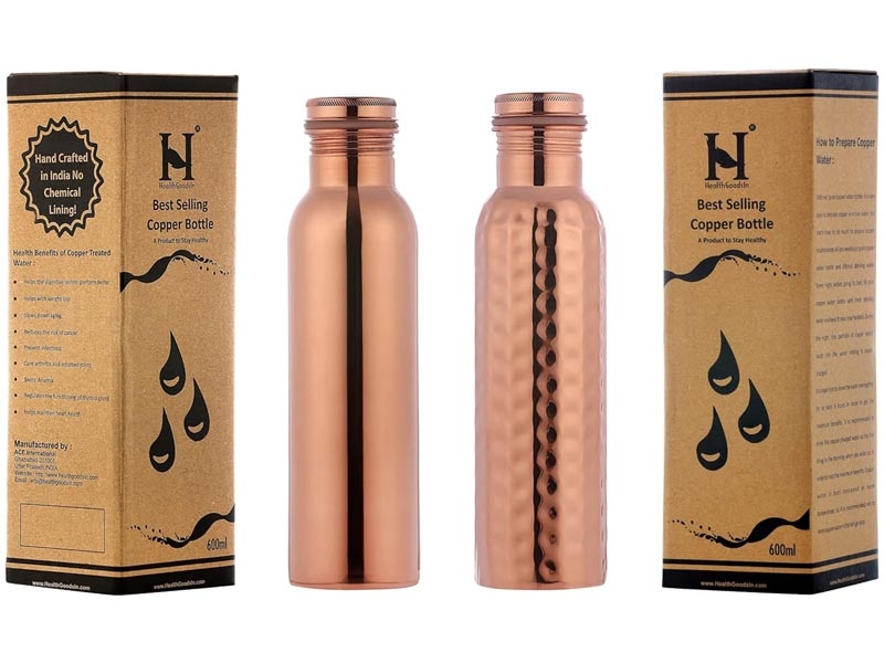 Set of 2 Copper Water Bottles Plain and Hammered 600 Ml Capacity