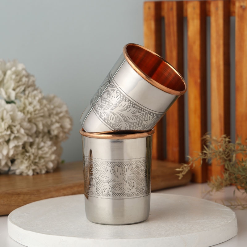 Set of 2 Outer Stainless Steel and Inner Pure Copper Tumbler 250 Ml Capacity Etching Floral