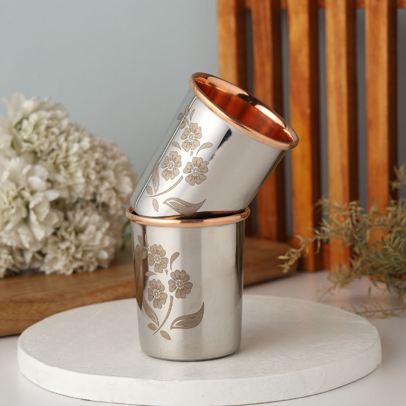 Set of 2 Outer Stainless Steel and Inner Pure Copper Tumbler 250 Ml Capacity Floral Pattern