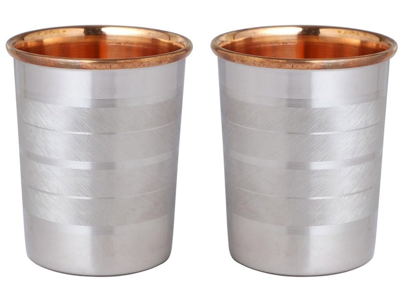 Set of 2 Outer Stainless Steel and Inner Pure Copper Tumbler For Ayurveda Health Benefits 250 ml Capacity Lining Pattern