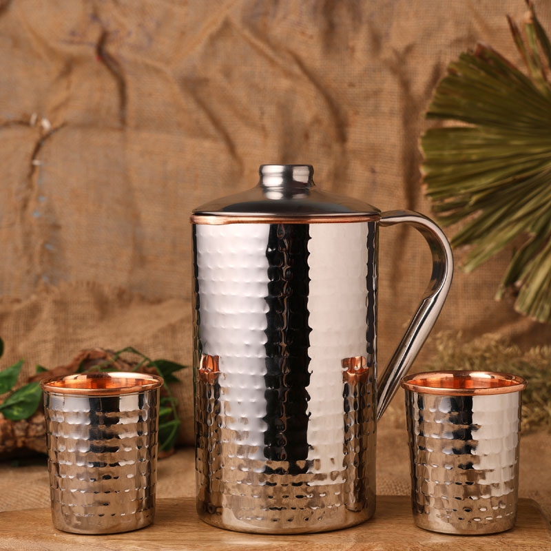 Stainless Steel and Pure Copper Water Pitcher with 2 Matching Tumblers Hammered Pattern