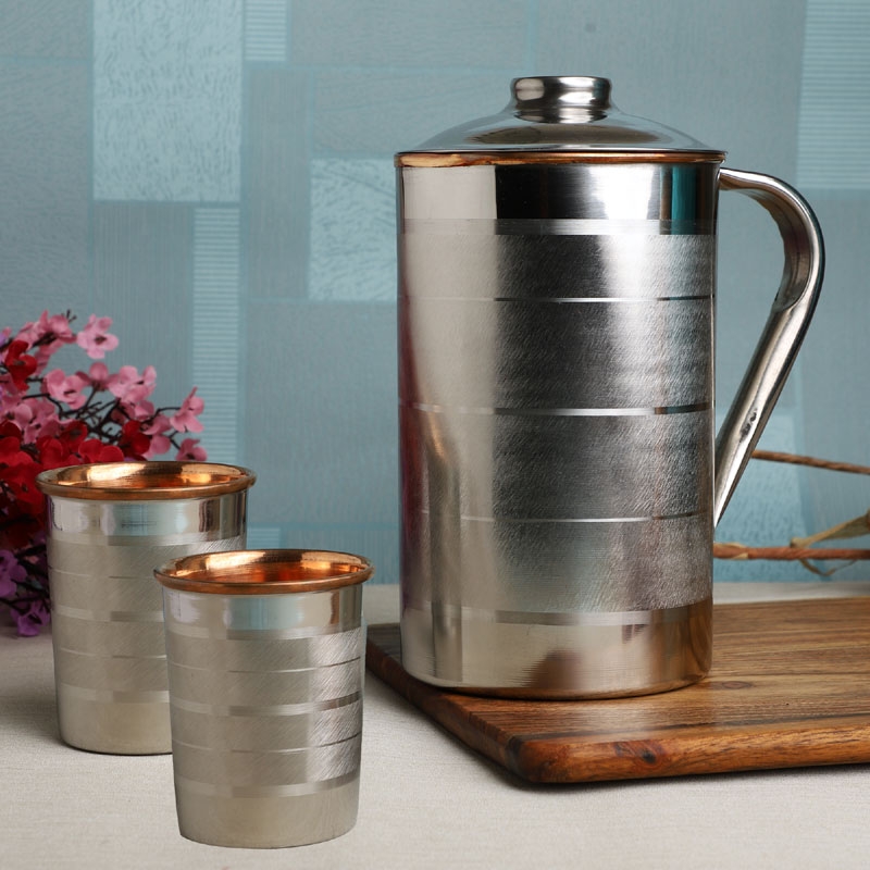 Stainless Steel and Pure Copper Water Pitcher with 2 Matching Tumblers Lining Pattern
