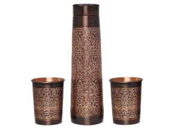 Copper Water Bottle with 2 Matching Tumbler Set Elegant Etching P