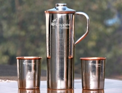 Intricately Designed SS and Copper Jug with 2 Copper Tumblers