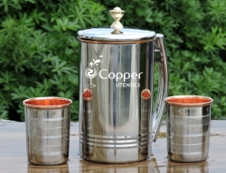 Outside Steel and inside copper Jug and 2 Tumbler set for Ayurved