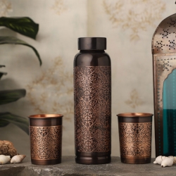 Pure Copper Water Bottle with 2 Tumblers Set Beautiful Floral Pat