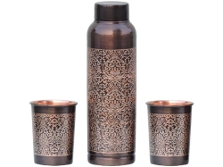 Pure Copper Water Bottle with 2 Tumblers Set Beautiful Floral Pat