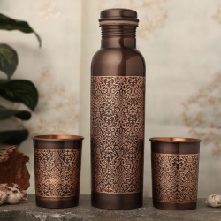 Pure Copper Water Bottle with 2 Tumblers Set Floral Beautiful Pat