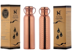 Set of 2 Copper Water Bottle with Handle Plain and Hammered 600 M