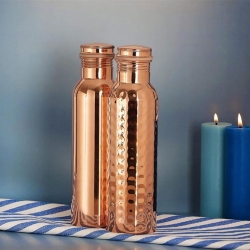 Set of 2 Copper Water Bottles Plain and Hammered 600 Ml Capacity