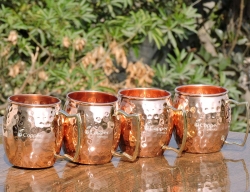 Set of Four Hand Hammered Copper Moscow Mule Mugs with Brass Hand