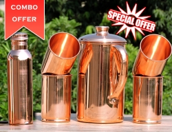 Set of Plain Copper Jug with Four Tumblers- Get FREE 600 ml Coppe