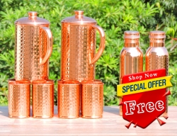 Two Hammered Copper Jug with Eight Tumblers-Get 2 Copper Water Bo
