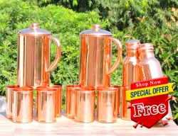 Two Plain Copper Jug with Eight Tumblers-Get 2 Copper Water Bottl